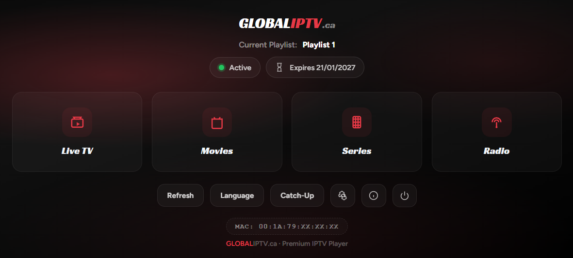 GlobalIPTV Canada IPTV player interface showing live channels